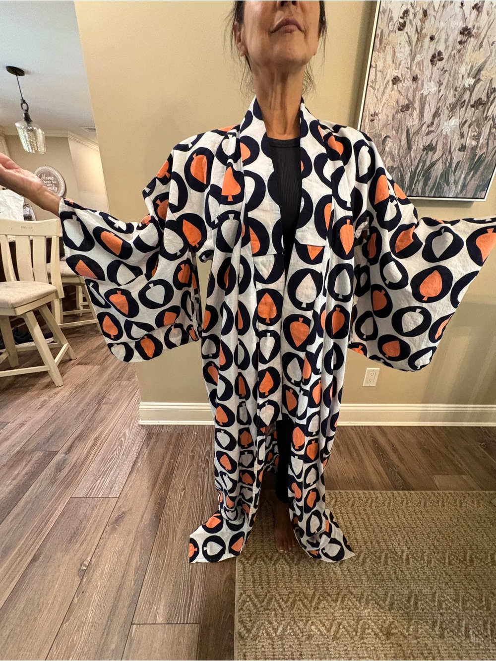 Kiyoka White Navy and Orange club Printed kimono